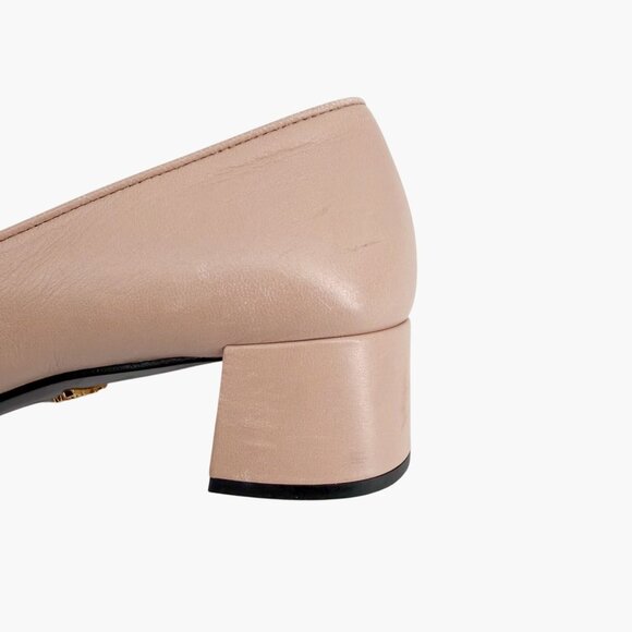 Prada Cap Toe Logo Ballet Pumps Heels Beige Leather Size 40 US 10 Block Heel